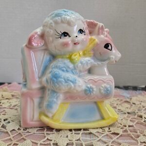 Vintage Lamb Rocking Horse Planter Nursery ABC Blocks Pink Blue